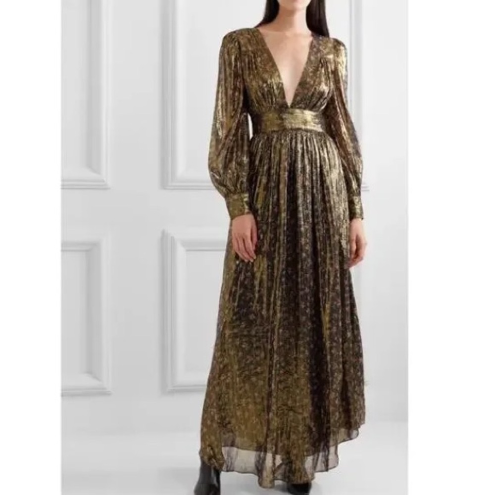 LoveShackFancy Cyrena Brown and Cream Pleated A-line Dress